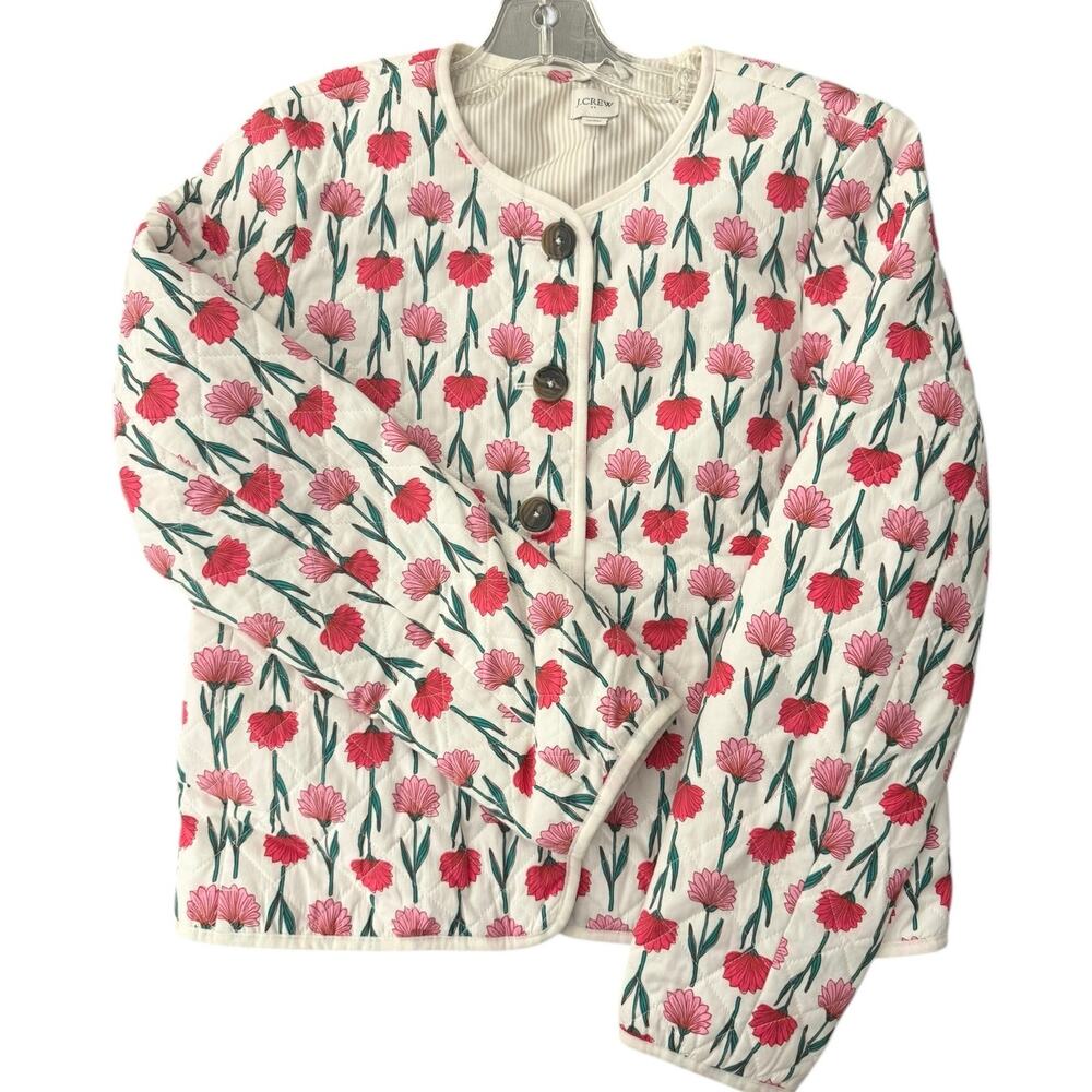 J. Crew Factory Cream Quilted Jacket with Pink & Green Floral Print